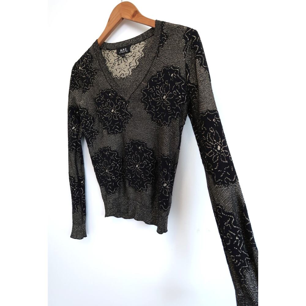A.P.C. PARIS Sea Island Cotton Metallic V-Neck Knit Top Sweater SSENSE XS $495